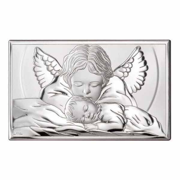 Obrazek srebrny z wizerunkiem Anioła Stróża nad dzieciątkiem.