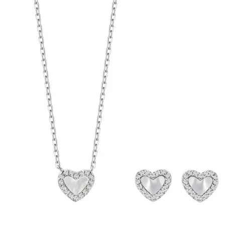 Zestaw biżuterii srebrny z masą perłową i cyrkoniami - serca