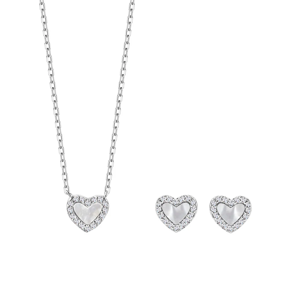Zestaw biżuterii srebrny z masą perłową i cyrkoniami - serca