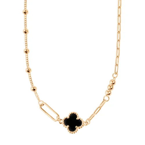 Naszyjnik srebrny pozłacany z onyksem - koniczyna