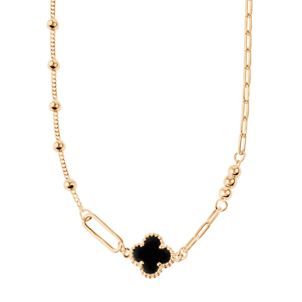 Naszyjnik srebrny pozłacany z onyksem - koniczyna