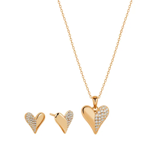 Komplet biżuterii pozłacanej z cyrkoniami z naszyjnika i kolczyków w kształcie serc