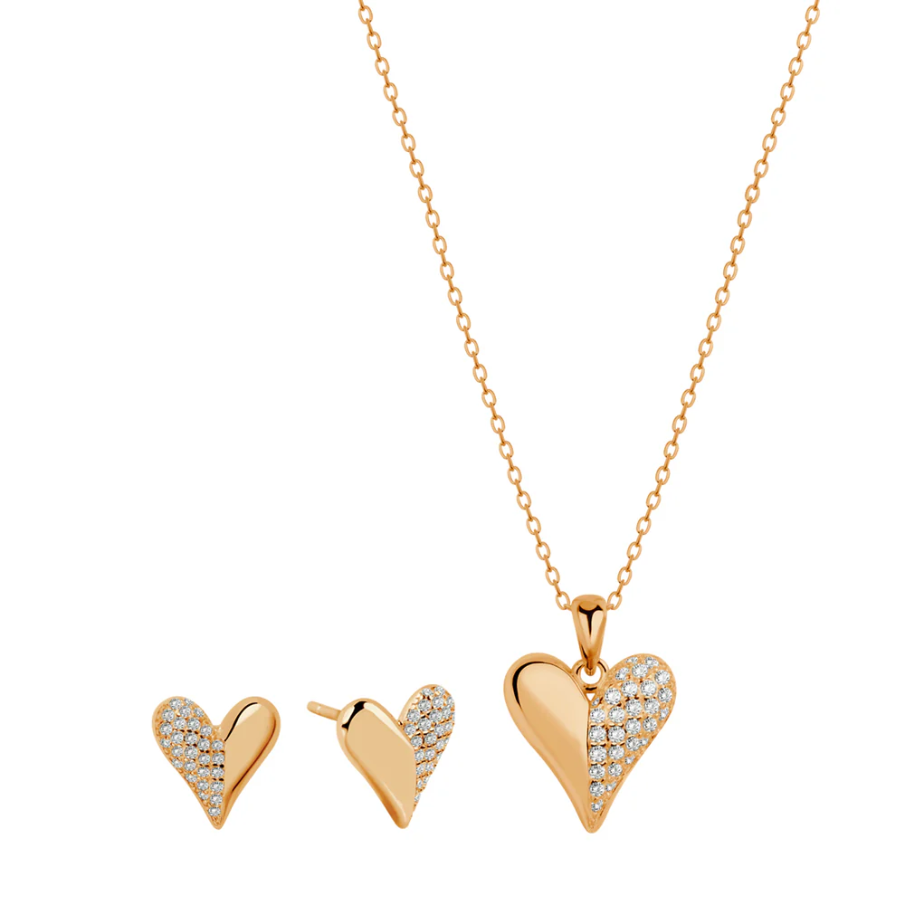 Komplet biżuterii pozłacanej z cyrkoniami z naszyjnika i kolczyków w kształcie serc