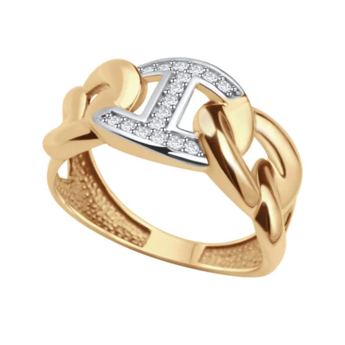 Nowoczesny pierścionek złoty z lśniącymi cyrkoniami