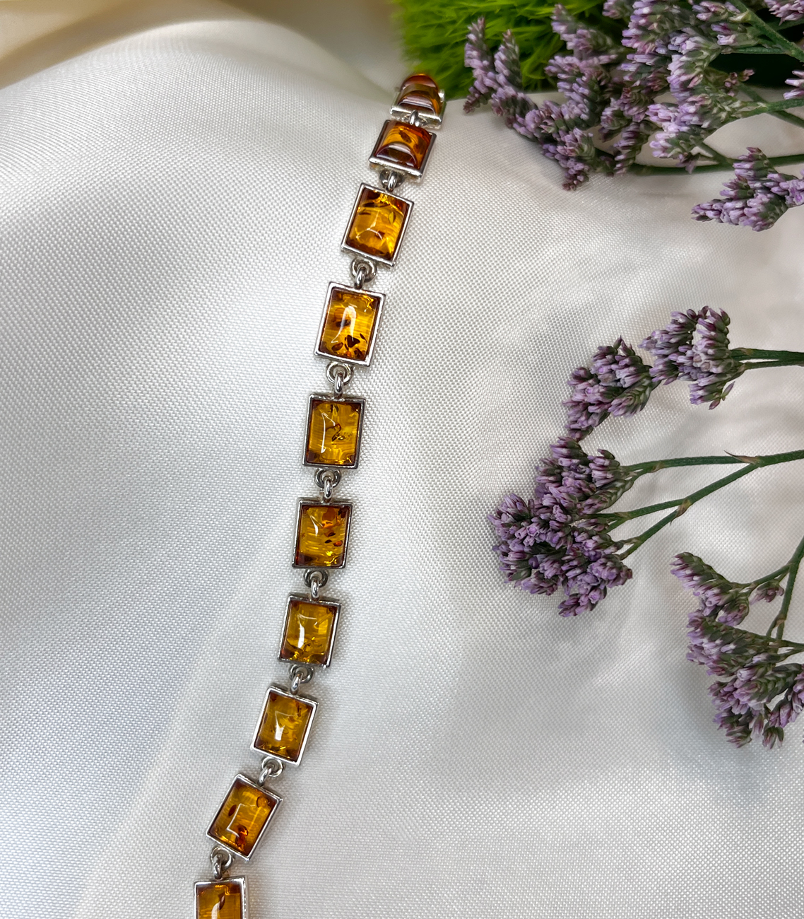 Bransoletka srebrna z bursztynami naturalnymi